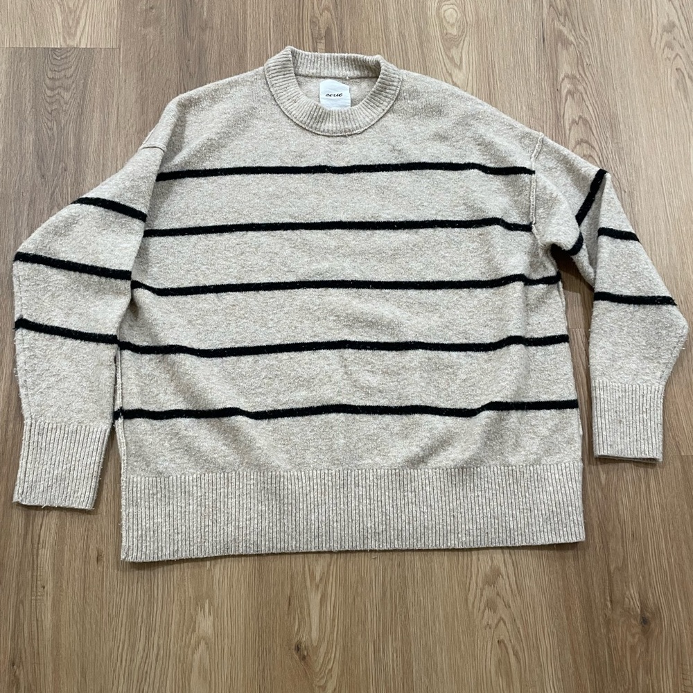 Cream and Black Striped Cardigan Sweater